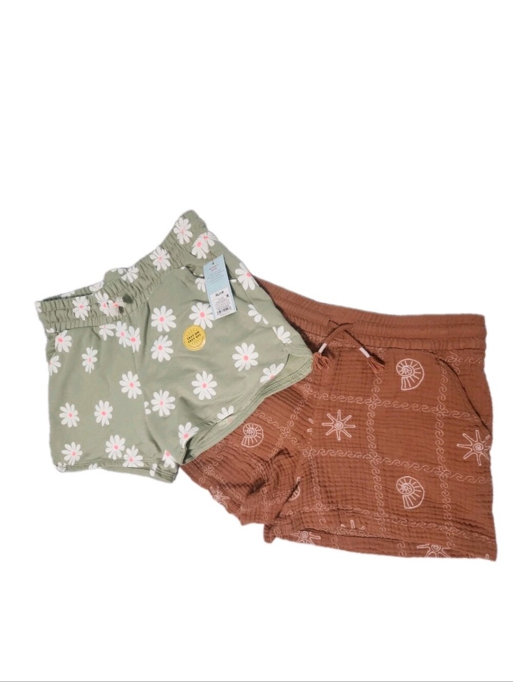 Sz XL Cat & Jack Girls Shorts Beach Garden Shells Flower Green Brown Drawstring